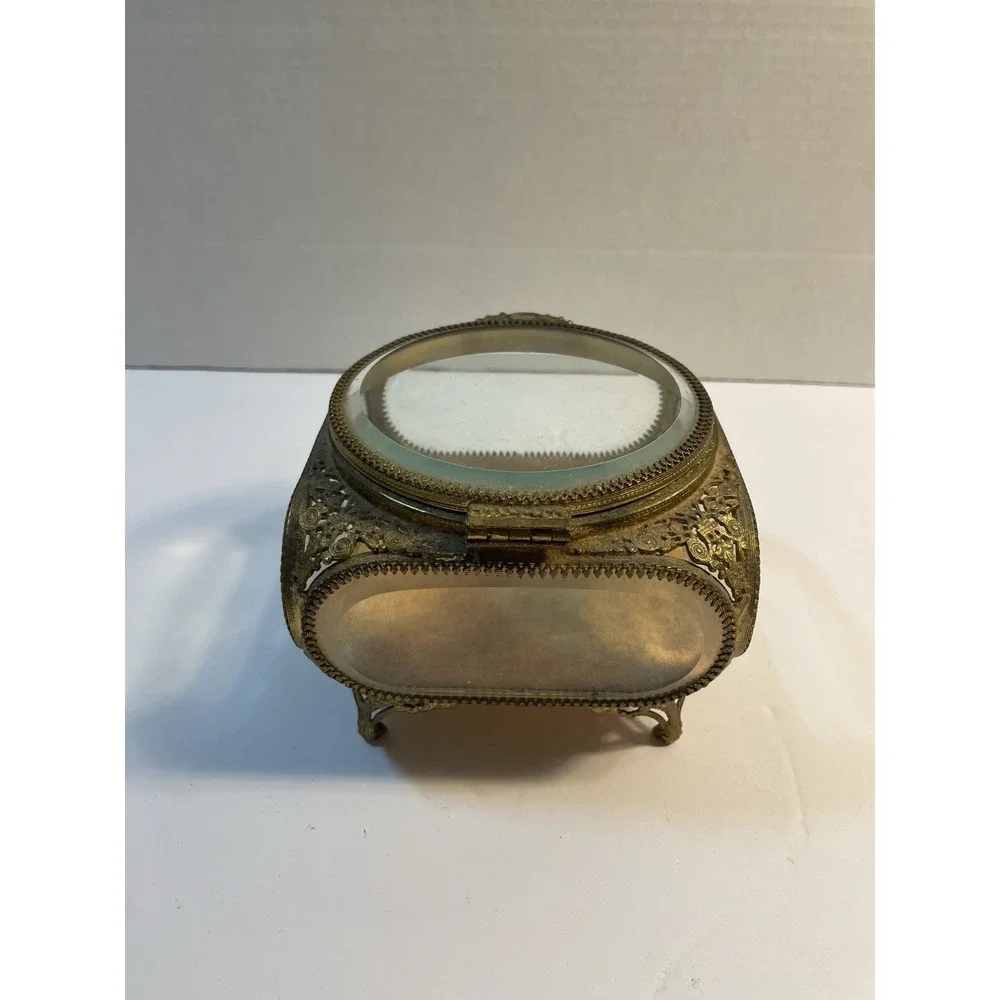 Vtg Gold Tone Beveled Glass Jewelry‎ Box/Casket. 4 Sided